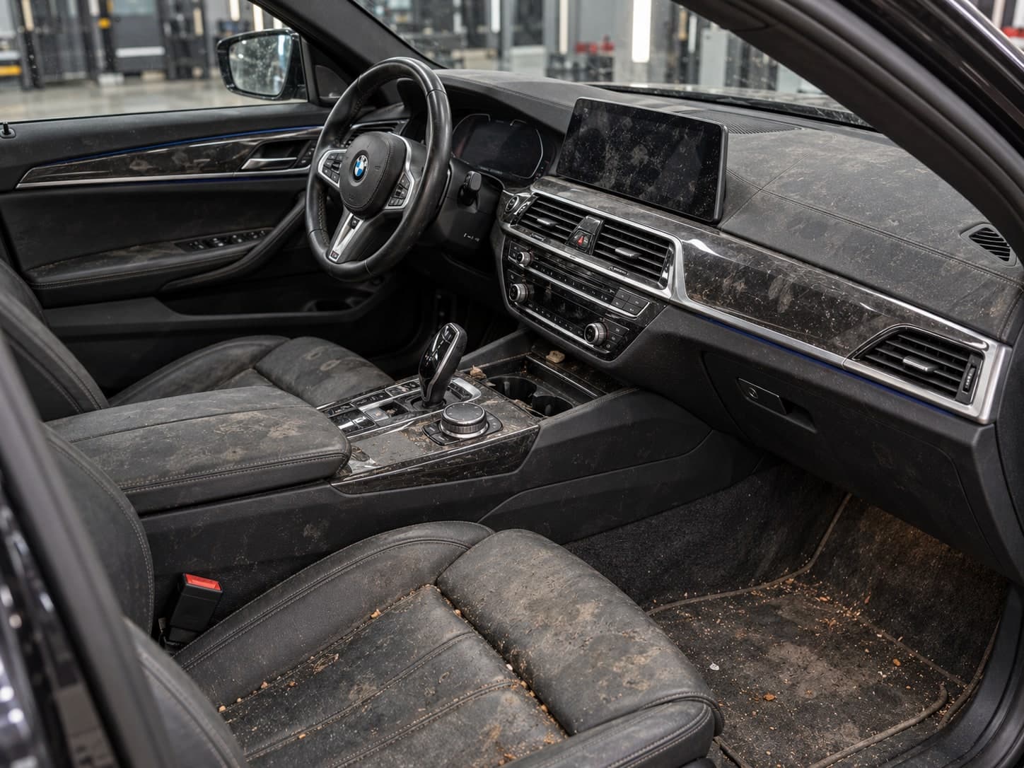 Prljava sedišta, kontrolna tabla i centralna konzola BMW automobila