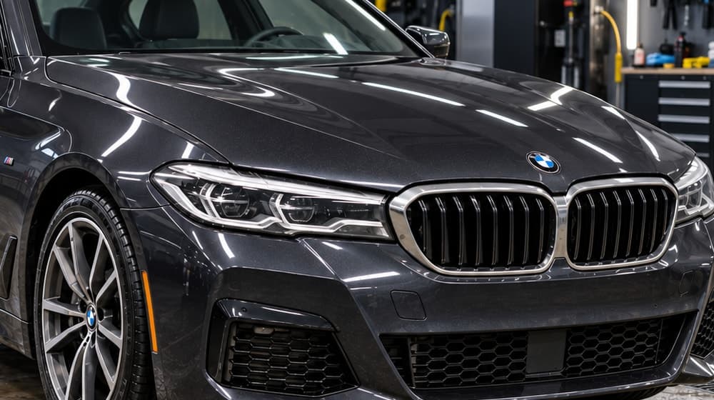Refleksije svetla na ispoliranom haubu tamnog BMW automobila