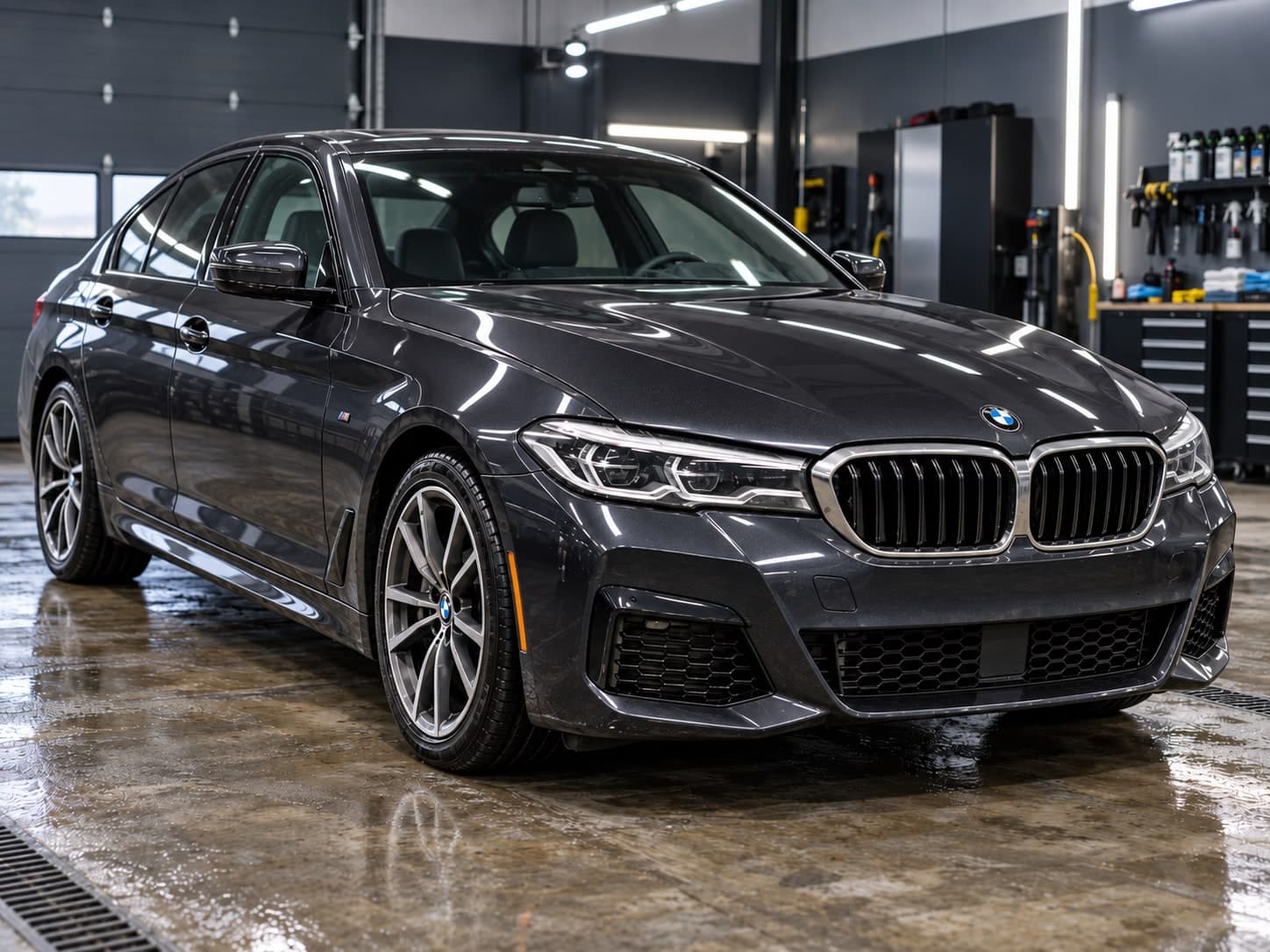 Tamni BMW serije 5 sa besprekorno čistim i sjajnim lakom u detailing studiju
